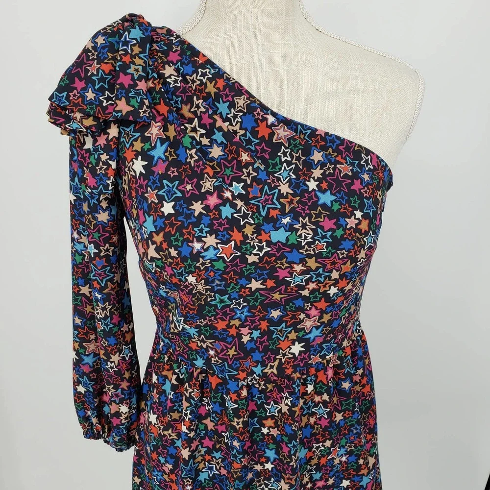 J Crew One Shoulder Dress 0 Kaleidoscope Star A Line Ruffle Hem Navy‎ Blue H2660